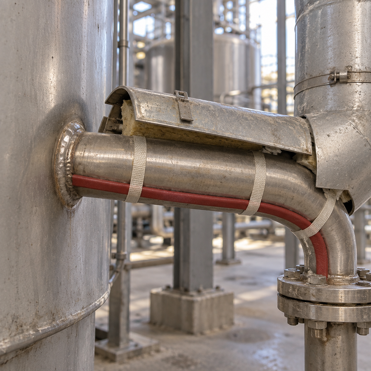 Fluoropolymer-jacket self-regulating heat trace cable installed along industrial process piping