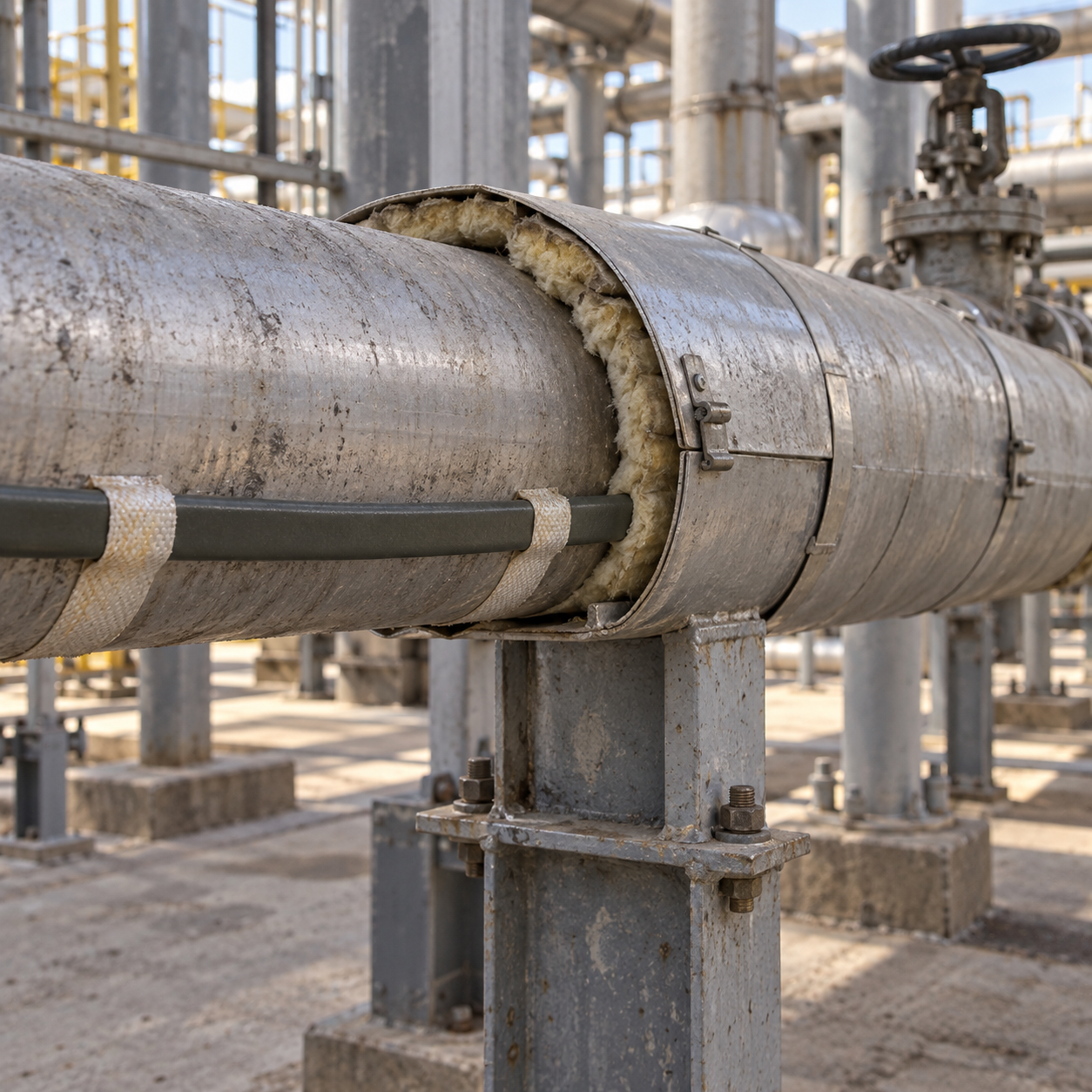 High-temperature self-regulating heating cable fixed to industrial pipework for process temperature maintenance