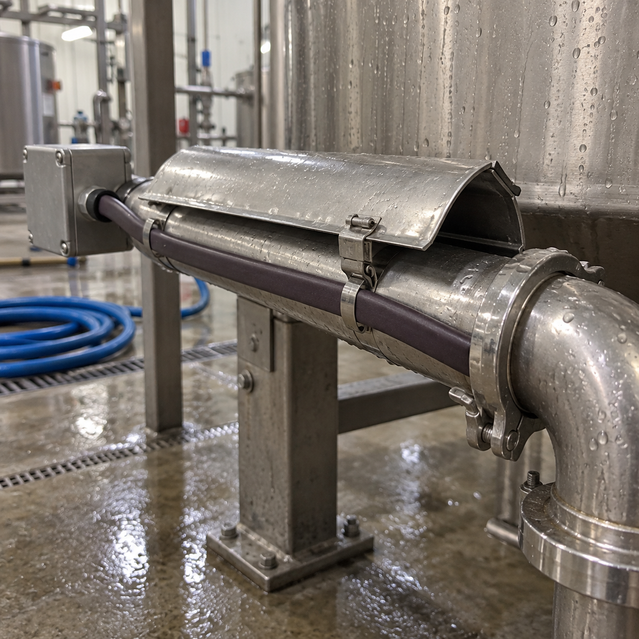 Steam-cleanable self-regulating heat trace cable installed on an industrial process pipe near service fittings