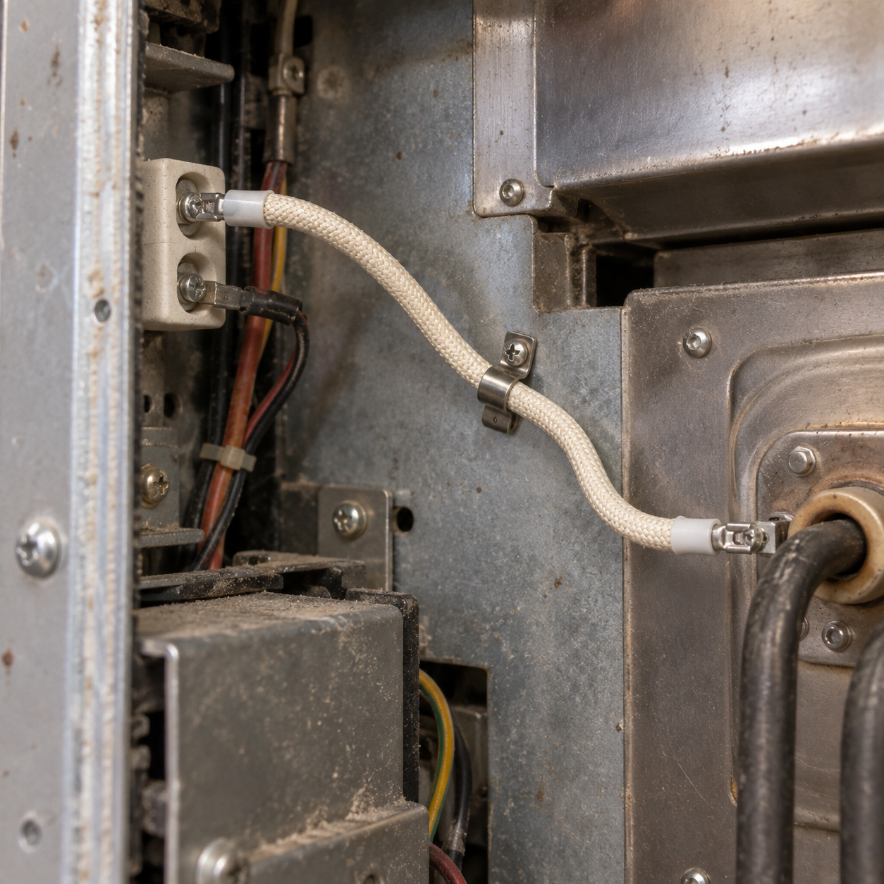 Fiberglass-braided silicone lead wire clipped inside a high-temperature electrical equipment cabinet