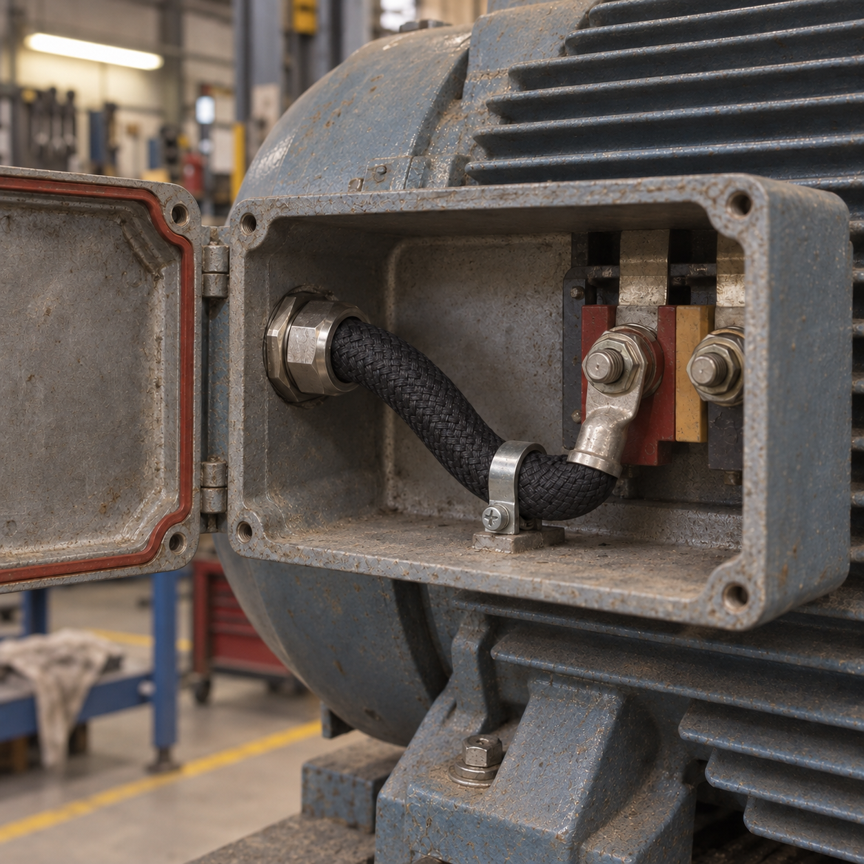 UL 3410 aramid-braided motor lead entering an industrial motor terminal box through a cable gland