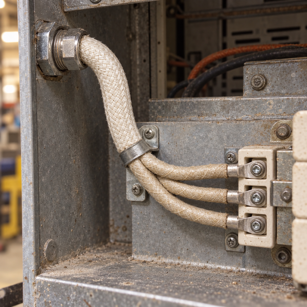 Multicore mica-glass high-temperature cable routed inside industrial oven equipment
