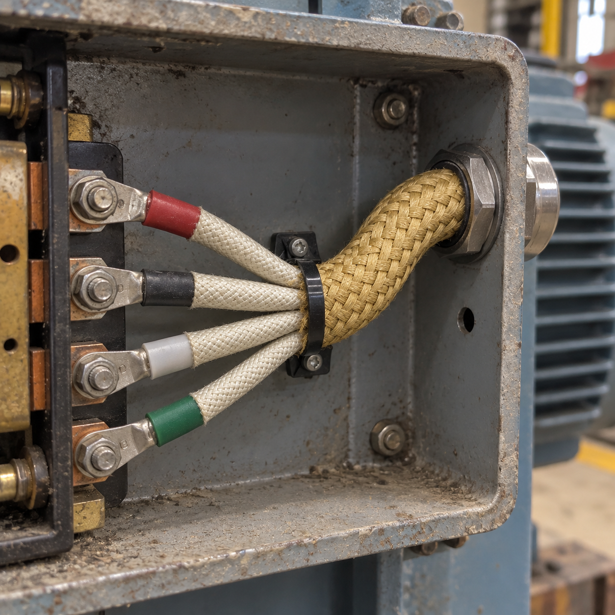 Multicore silicone-aramid braided cable routed into high-temperature industrial electrical equipment