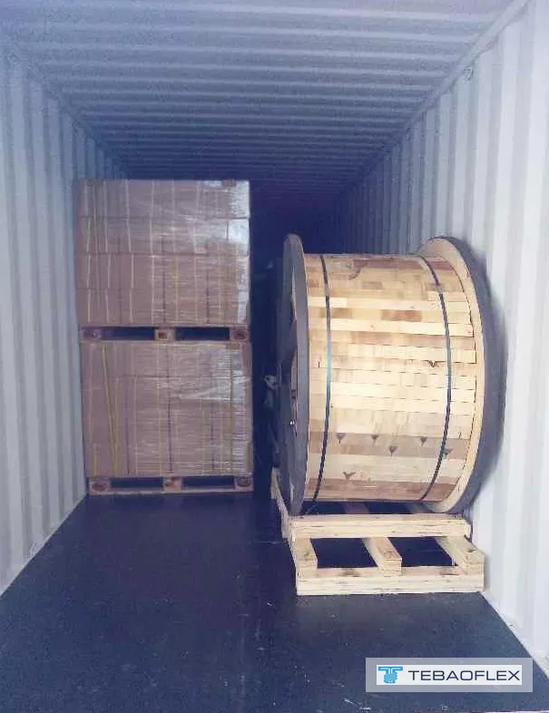 Cable drum braced inside a shipping container for Singapore