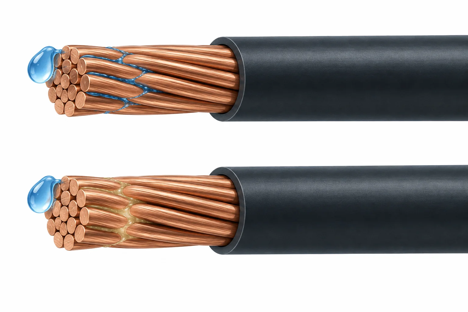 Conceptual cutaway comparing open inter-strand water paths with a water-blocked stranded conductor