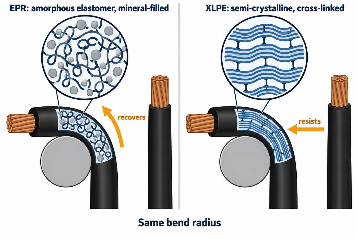 Two-panel diagram comparing a filled amorphous EPR network that recovers from a small bend with a semi-crystalline cross-linked XLPE structure that resists the same bend