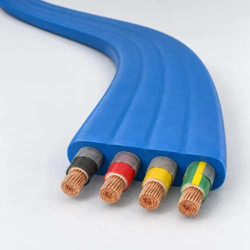 Dalgıç pompa yassı güç kablosu 3 x 6 + 1 x 6 AWG Ucu soyulmuş, siyah, kırmızı, sarı ve yeşil-sarı damarları ile çıplak bakırı görünen mavi yassı dalgıç pompa kablosu