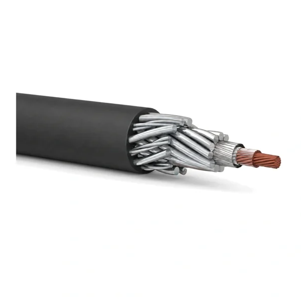 Ummanteltes Wireline-Kabel für Betrieb ohne Fetteinspritzung mit glattem Polymermantel, teilweise entfernt zur Darstellung der darunterliegenden Bewehrung