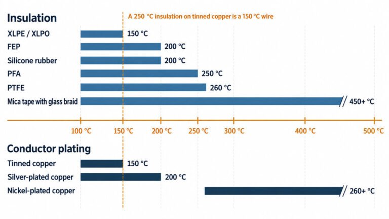 Temperaturdiagramm mit Referenzgrenzen von sechs Isolierstofffamilien und drei Leiterüberzügen sowie einer Orientierungslinie bei 150 Grad Celsius
