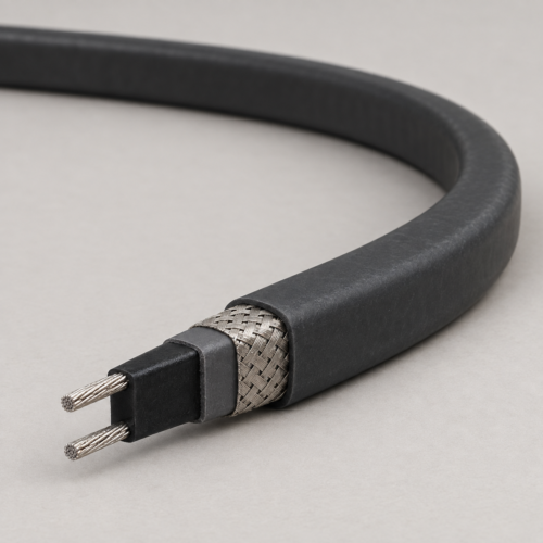 Self-regulating roof and gutter heating cable product view with layered cable end
