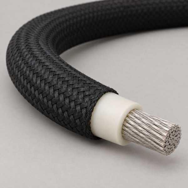 UL 3410 single-core motor lead wire with dark aramid braid and exposed silicone insulation and tinned copper strands