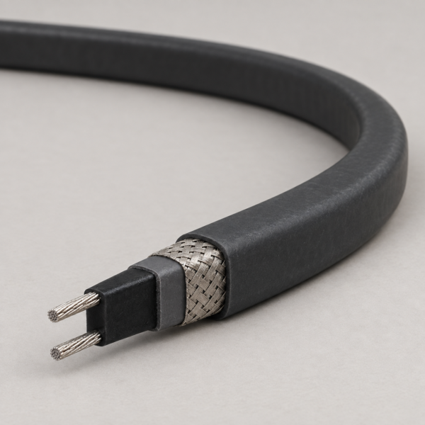 Self-regulating roof and gutter heating cable product view with layered cable end Self-regulating roof and gutter heating cable product view with layered cable end
