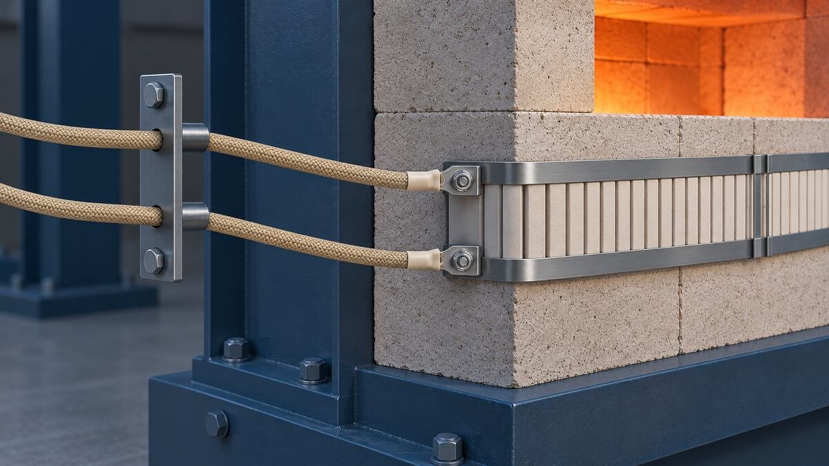 Fili di collegamento MGT con treccia di fibra di vetro color sabbia, attestati su un elemento riscaldante ceramico su una parete refrattaria di forno