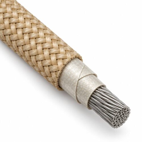 mgt-cable-mica-glass-lead-wire Dây ra mica-thủy tinh MGT cắt lớp cho thấy vỏ bện sợi thủy tinh, băng mica quấn và ruột dẫn đồng mạ niken