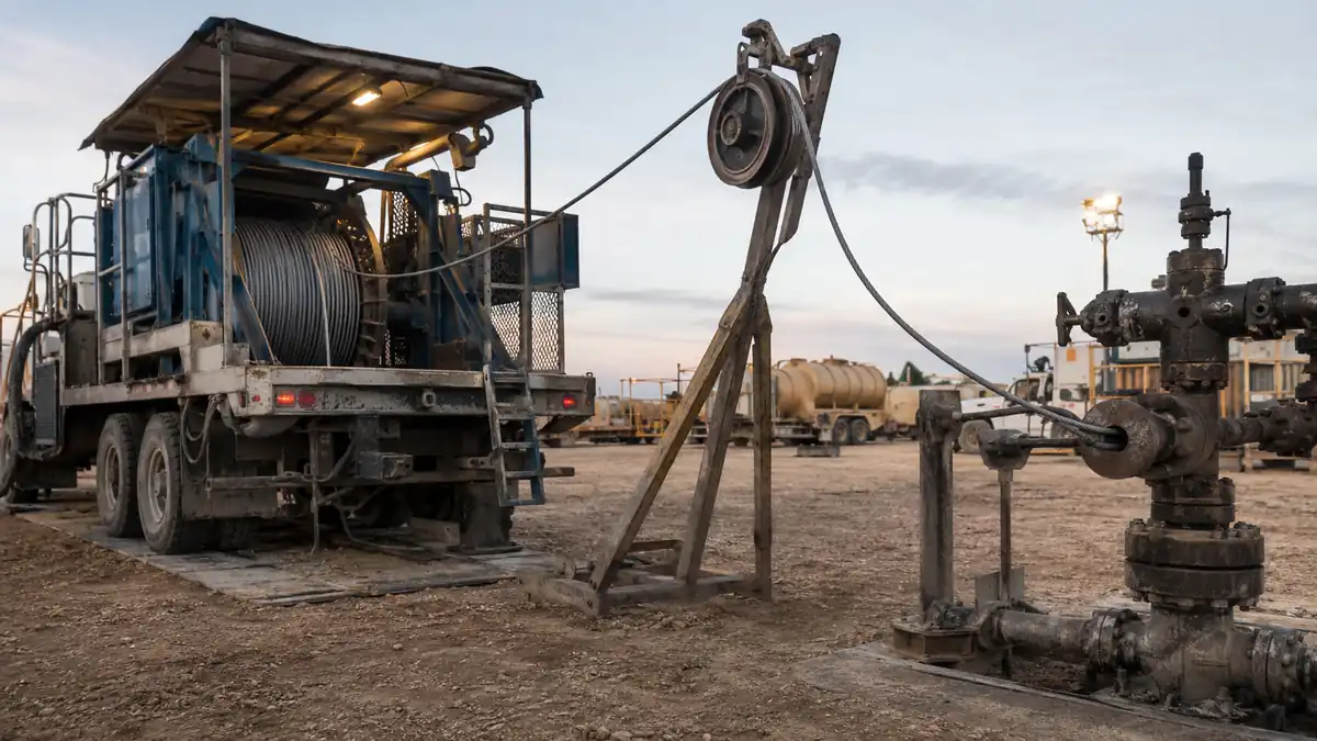 Monoconductor wireline logging cable running over a sheave at a wellhead during downhole logging