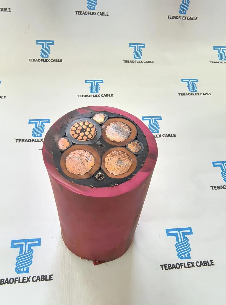 End view of 8.7/15 kV reeling cable sample showing tinned copper power cores