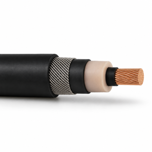 (N)TMCHXOEU 12/20 kV single-core wind cable, sheath at left and conductor cutaway at right on white