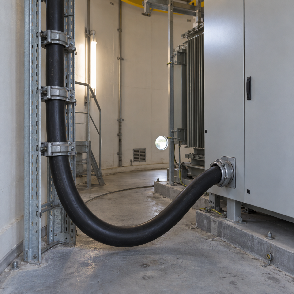(N)TSCGEHXOEU 36/60–69 kV wind-turbine cable, high-voltage cable route inside a wind-turbine tower