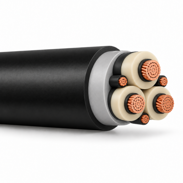 (N)TSCGEHXOEU 36/60–69 kV wind-turbine cable, sheath at left and conductor cutaway at right on white