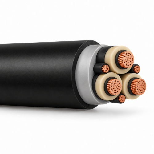 (N)TSCGEHXOEU MV wind-turbine twist cable, sheath at left and conductor cutaway at right on white