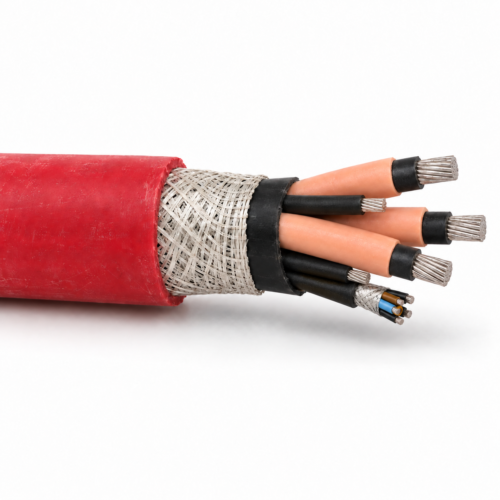 (N)TSCGEWCUEUS 6/10 kV pump power-control cable, sheath at left and conductor cutaway at right on white