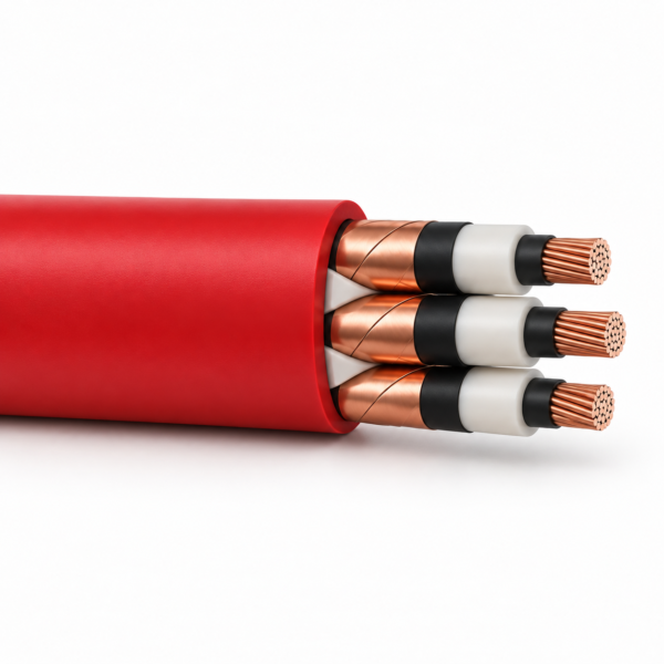 RG7H1OR Three-Core HEPR Insulated MV Cable – product construction view RG7H1OR three-core HEPR cable, sheath at left and conductor cutaway at right on white