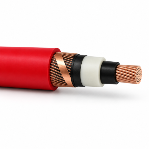 Cable HEPR unipolar RG7H1R, cubierta a la izquierda y sección del conductor a la derecha sobre fondo blanco