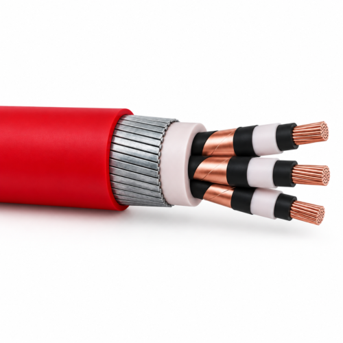 Cable HEPR armado y apantallado RG7H1OZR, cubierta a la izquierda y sección del conductor a la derecha sobre fondo blanco