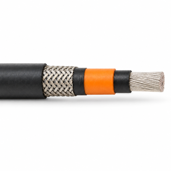 Type MV-105 Flexible Single-Conductor EPR Cable, 5 kV and 15 kV – product construction view Type MV-105 5/15 kV flexible EPR cable, sheath at left and conductor cutaway at right on white