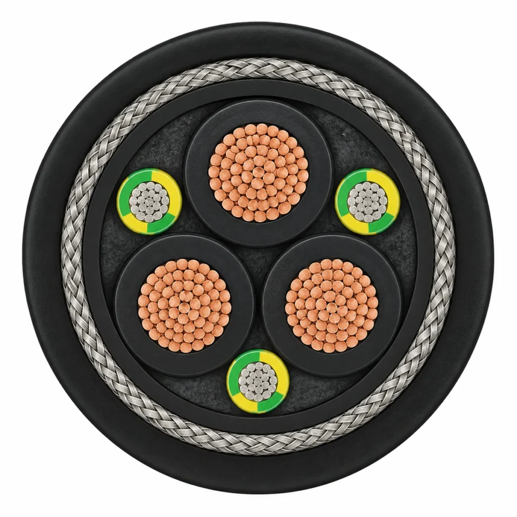 (N)GRDGCGOEU-J cable cross-section showing three power cores, split PE conductors and tinned-copper braid