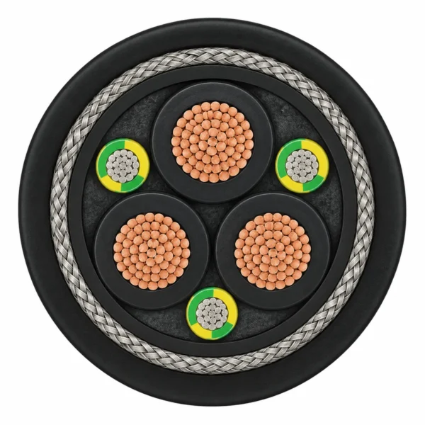 (N)GRDGCGOEU-J Cable Cross-Section (N)GRDGCGOEU-J cable cross-section showing three power cores, split PE conductors and tinned-copper braid