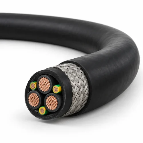 (N)GRDGCGOEU-J screened festoon cable with black sheath, three power cores, split PE conductors and overall braid