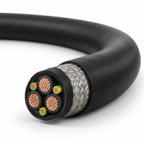 (N)GRDGCGOEU-J Screened Festoon Cable (N)GRDGCGOEU-J screened festoon cable with black sheath, three power cores, split PE conductors and overall braid