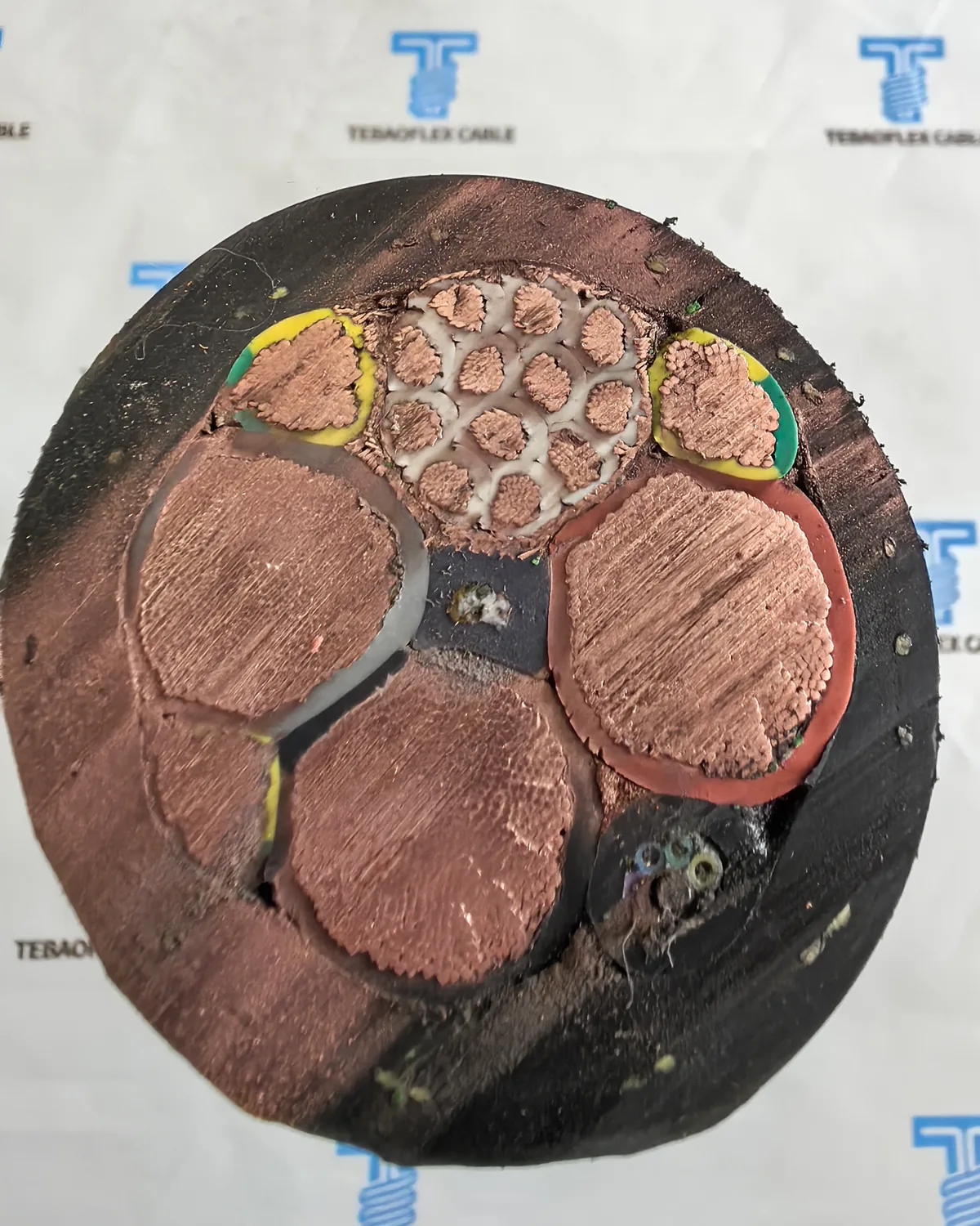 Extrémité d'un câble noir pour tambour 0.6/1 kV NSHTÖU-FO, 3 × 95 + 1 × 3G50/3 + 12 × 2.5 + 12FO, provenant d'une commande TEBAOFLEX : trois âmes de puissance en cuivre sous isolation grise, brune et noire, trois âmes de terre vert-jaune réparties, un faisceau de douze âmes de commande blanches et un élément noir à fibre optique