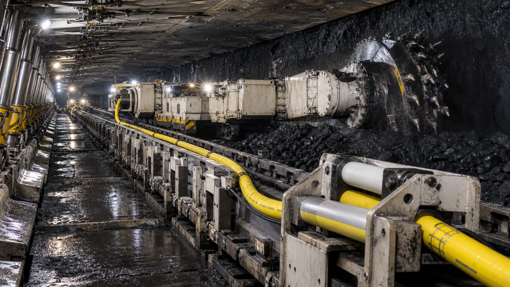 Cavo NSSHCGEOEU per tagliatrici di carbone instradato attraverso un guidacavo accanto ad attrezzature minerarie per coltivazione a lunghe fronti in sotterraneo