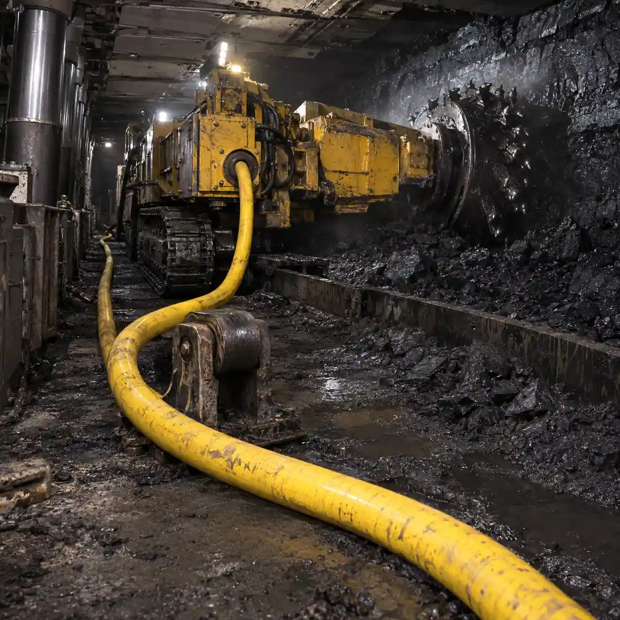 Underground coal-cutting machine with the cable following a tight deflection
