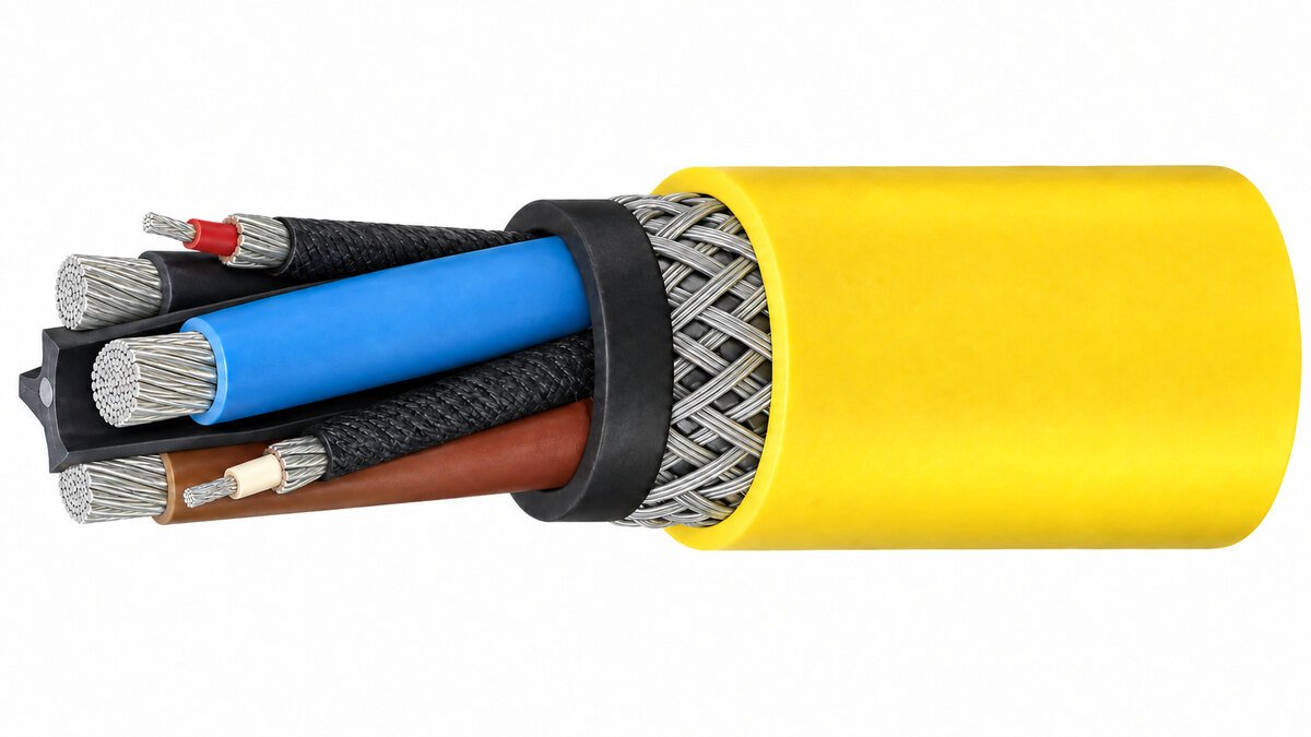 Armoured coal cutter cable cross section showing power cores, pilot earth units, inner sheath and steel wire braid