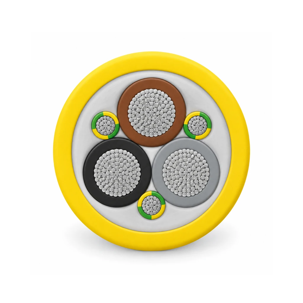 Cross-section of an (N)SSHÖU cable with three power cores and three smaller earth cores