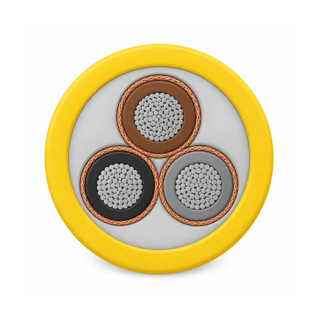 Cross-section of an (N)SSHÖU 3E cable with a copper-wire screen around each of three power cores, an inner sheath and a yellow outer sheath