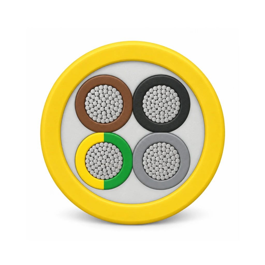 Cross-section of an (N)SSHÖU-J four-core cable with brown, black, grey and green-yellow cores, an inner sheath and a yellow outer sheath