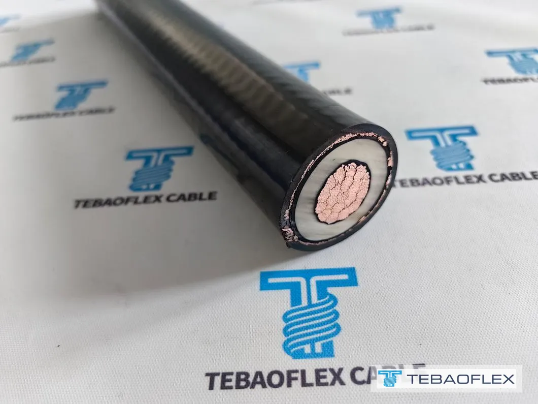 Finished (N)TMCGCW11Y cable end showing EPR insulation, braided screen and black PUR sheath