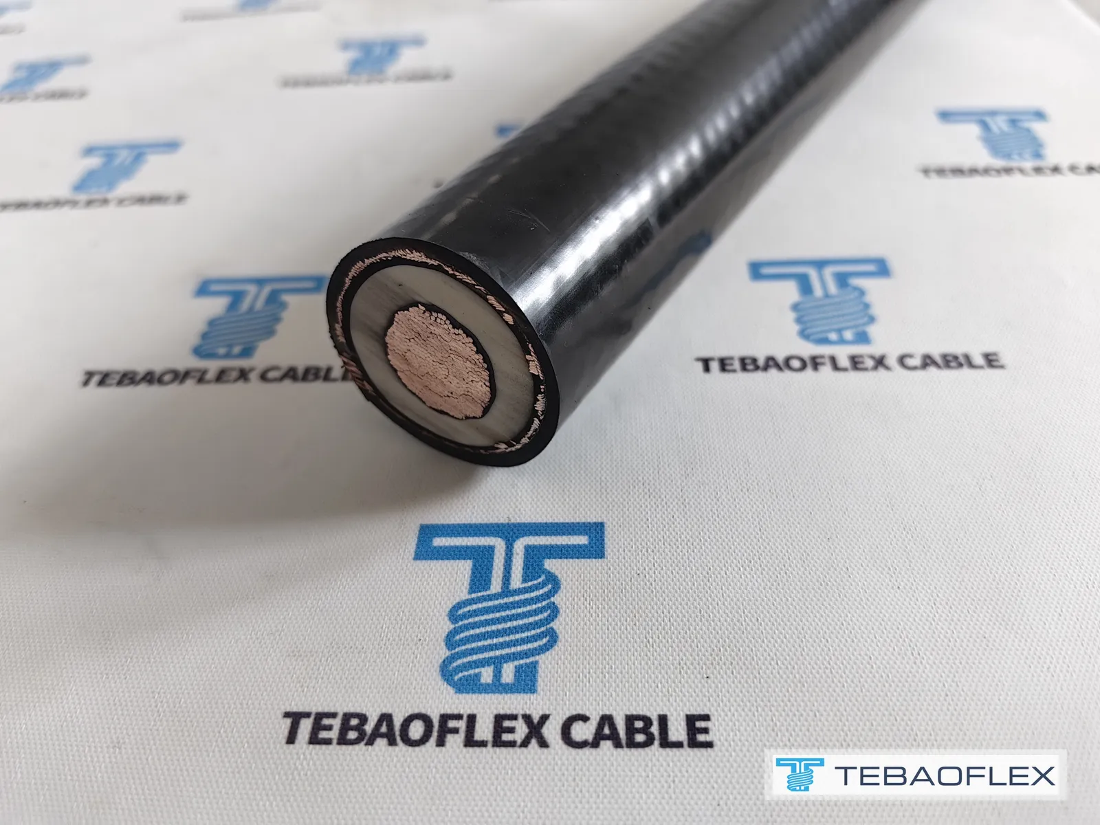 Black PUR sheathed (N)TMCGCW11Y 1x120/16 cable length at the TEBAOFLEX factory