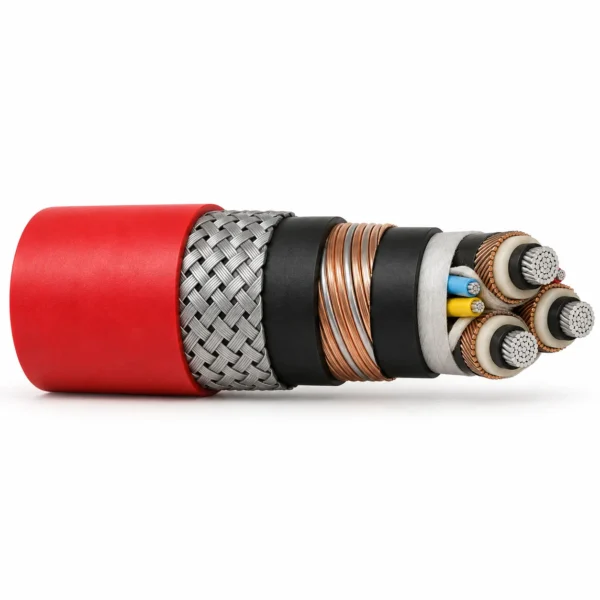 NTSCGECCWOEU armoured monitored mining cable with galvanised steel wire braid under a red outer sheath