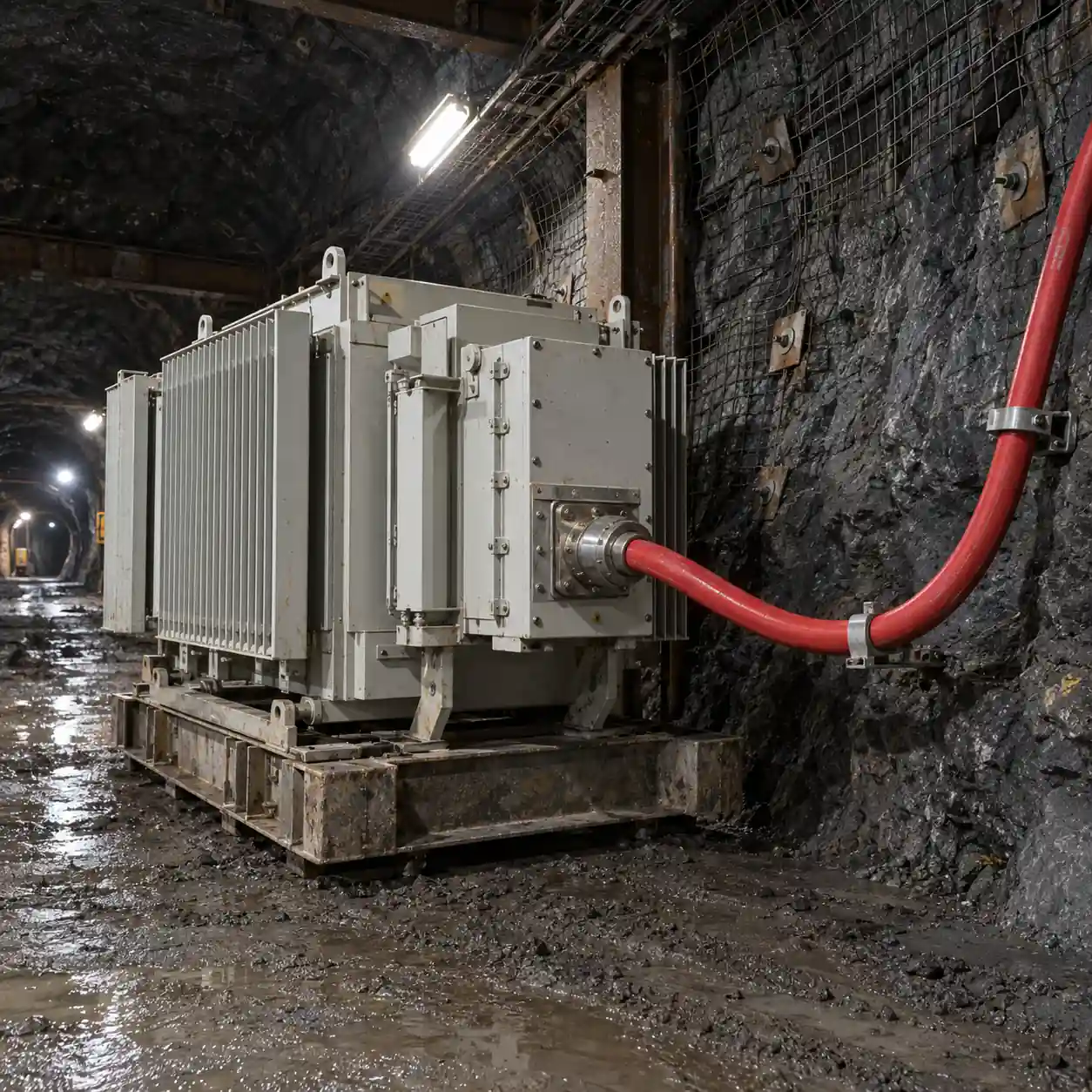 Underground mine power line with a mobile high-voltage transformer connected by the armoured cable