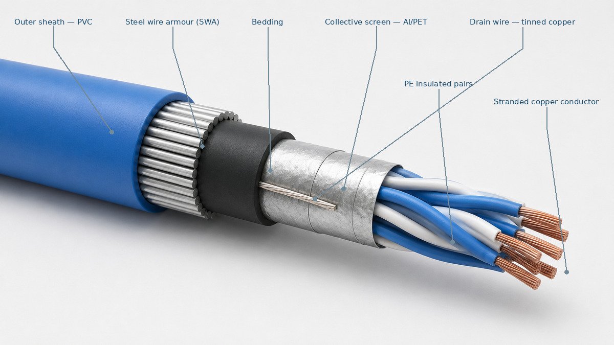 طبقات كابل الأجهزة المدرَّع BS5308 PAS5308 Part 1 Type 2، موسومة من الغلاف إلى الموصل