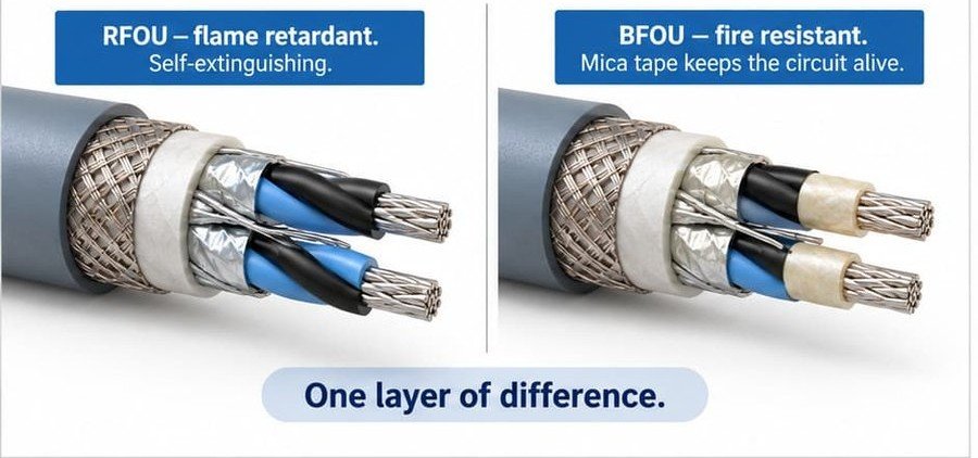 So sánh lớp cách điện của cáp RFOU và BFOU, với băng mica chỉ nhìn thấy trên cấu tạo BFOU chống cháy