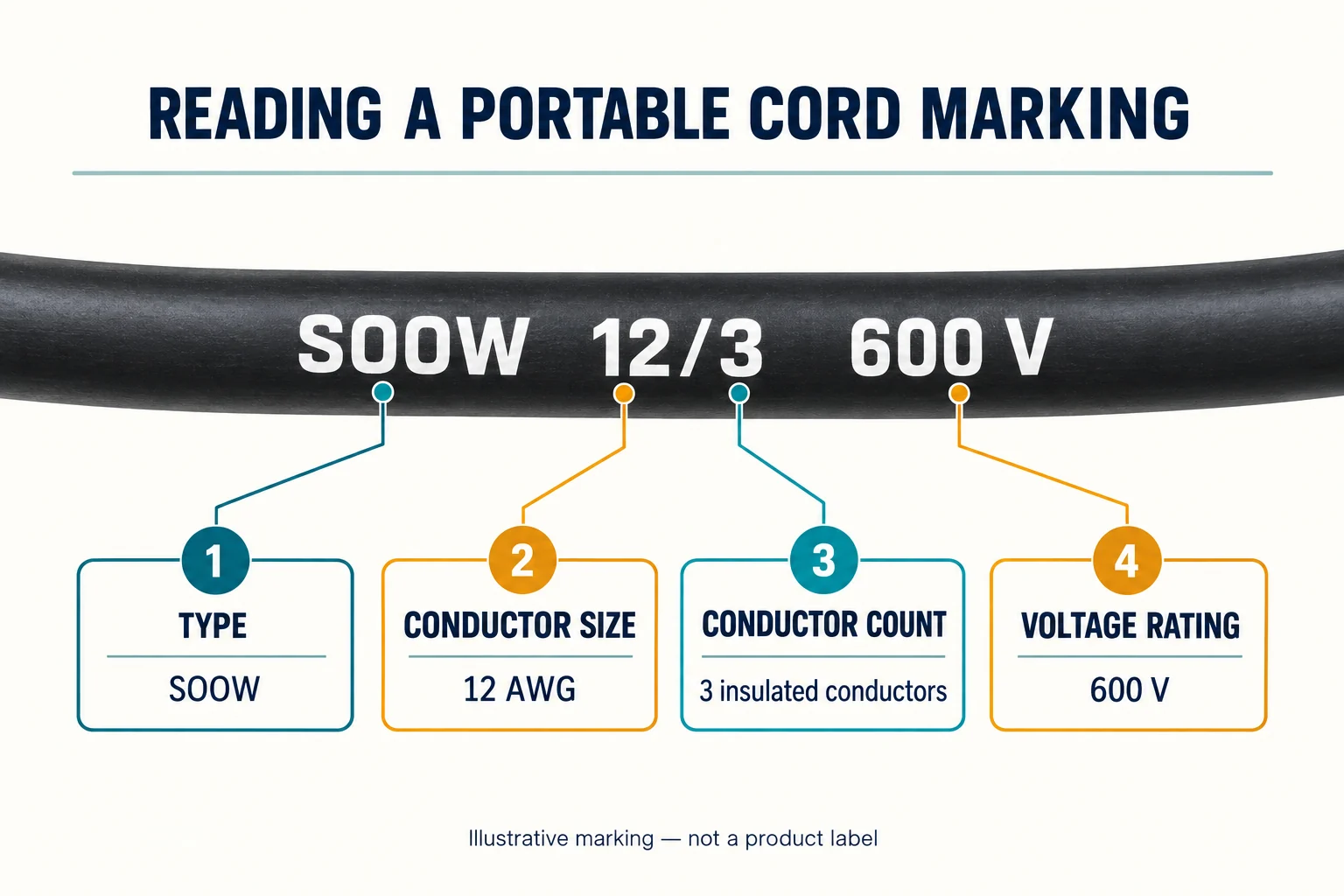 Illustrative SOOW 12/3 600 V cord marking with callouts for type, 12 AWG size, three conductors and voltage rating