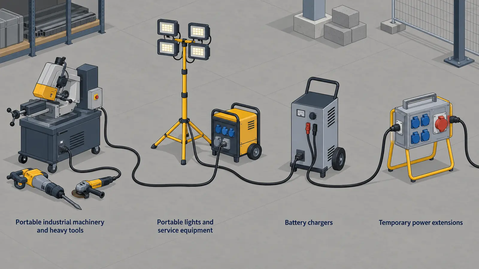 Illustrazione del cavo SOOW impiegato per macchinari portatili, illuminazione portatile, caricabatterie e prolunghe elettriche temporanee