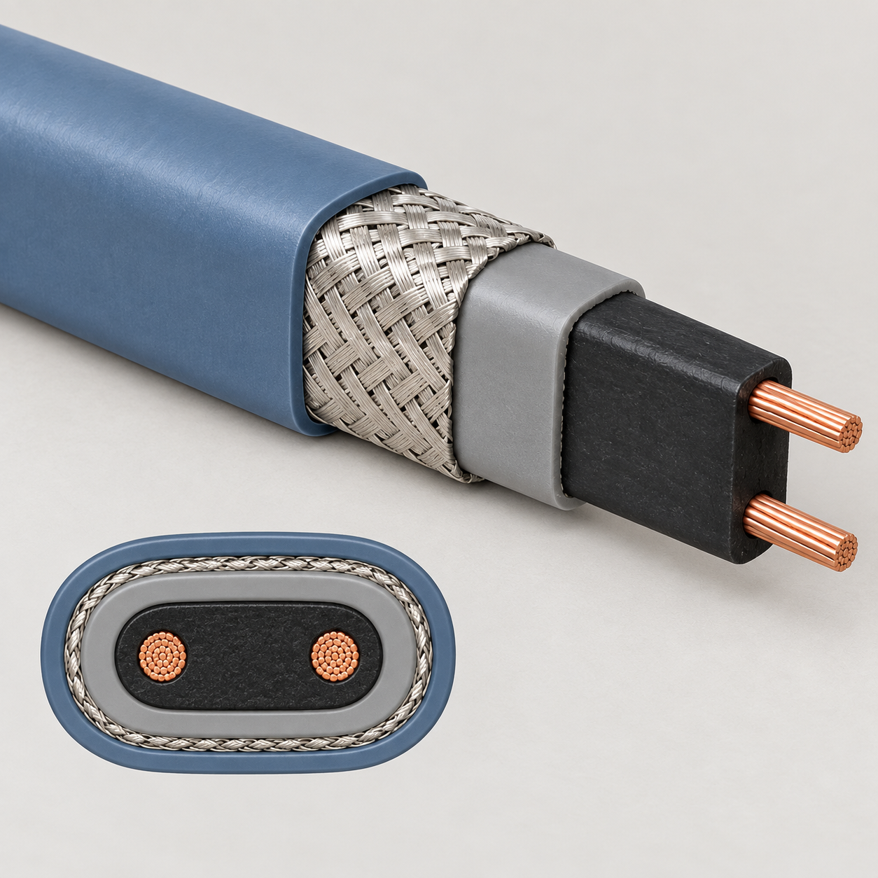 Pipe and tank heat trace cutaway showing copper bus conductors, self-regulating core, polyolefin insulation, copper screen and outer sheath