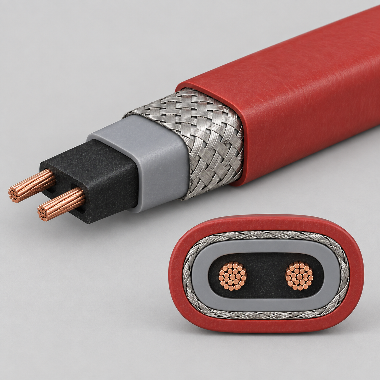 Fluoropolymer-jacket heat trace cutaway showing copper conductors, self-regulating core, polyolefin insulation and copper screen
